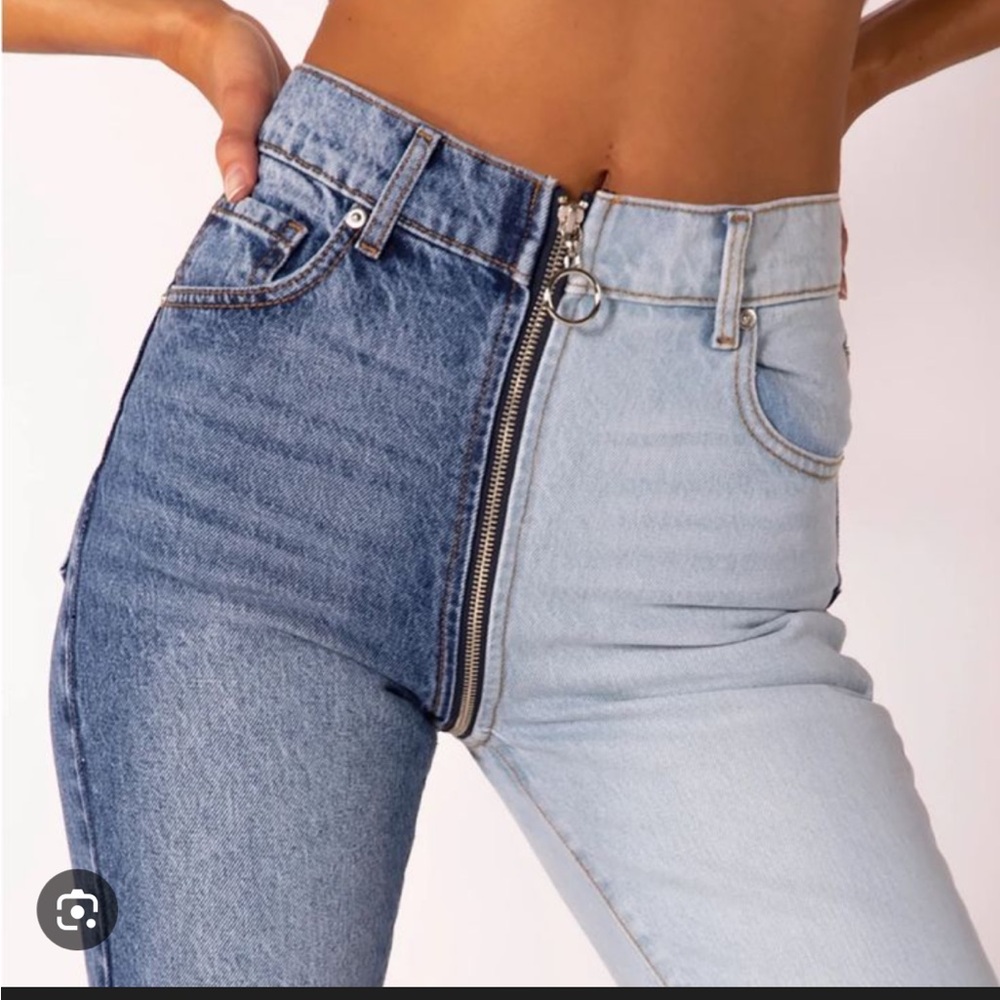 REVICE Two-Tone High-Waist Skinny Jeans in Dark Blue & Light Blue